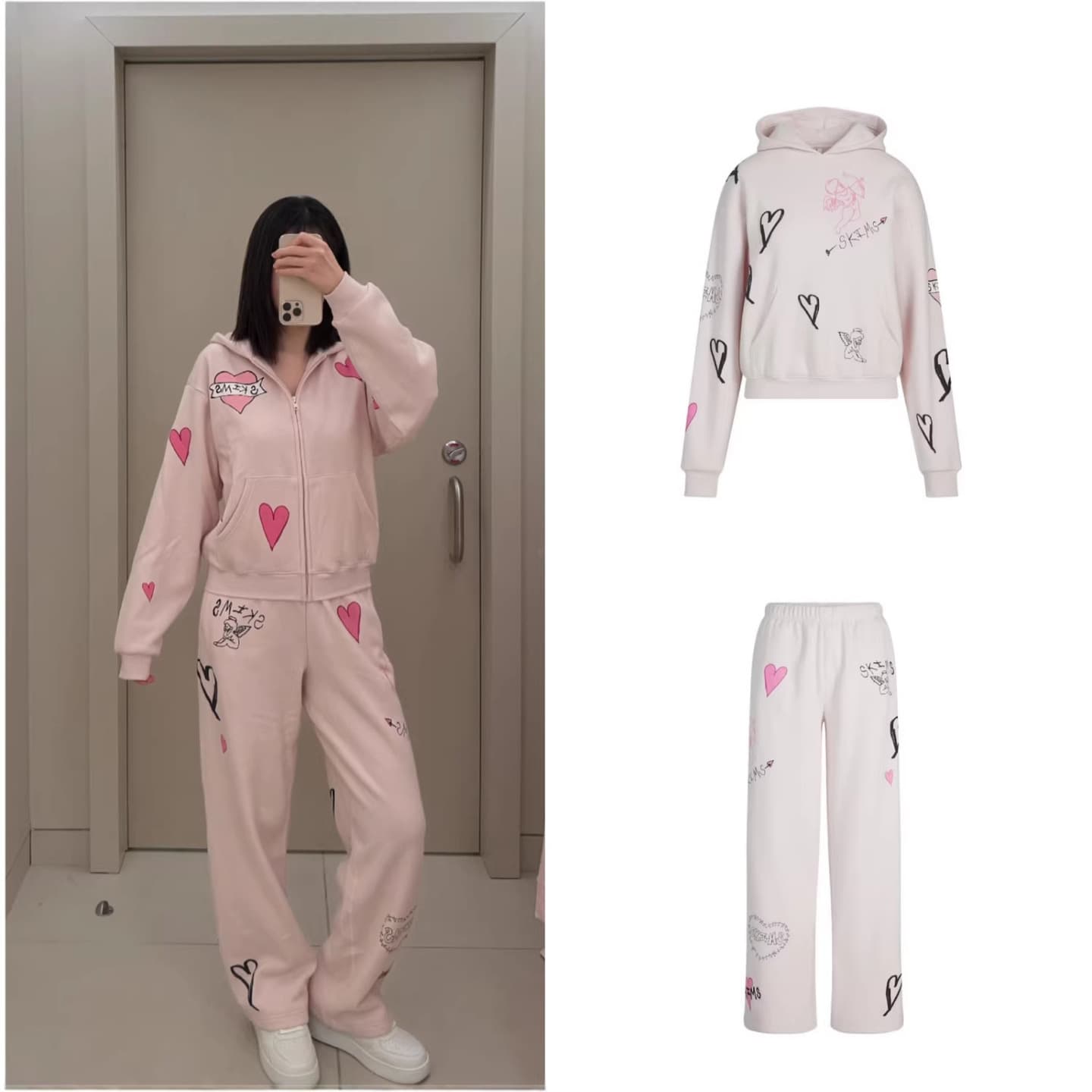 Skim* Pink Heart Graffiti Pullover Sweatshirt Zipper Hooded Cardigan Casual Straight-Leg Pants Set for Women Spring 26
