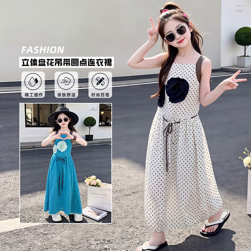Girls Polka Dot Dress Summer 2026 New Style Big Kids Bohemian Vacation Vest Summer Chiffon Long Dress