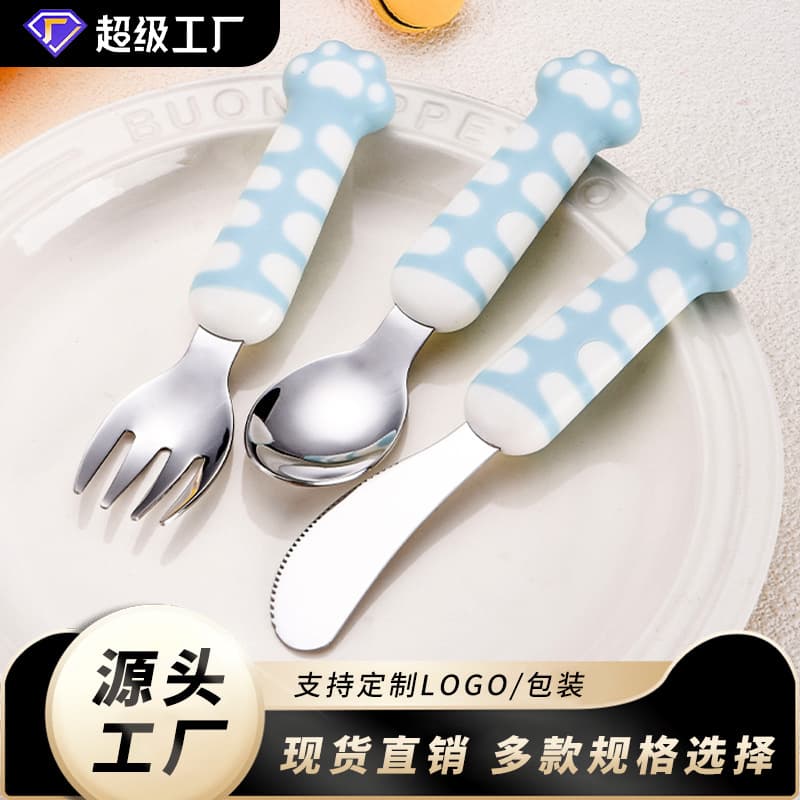 Children's tableware cute cat paw spoon stainless steel ingot spoon baby food spoon spoon knife fork spoon set