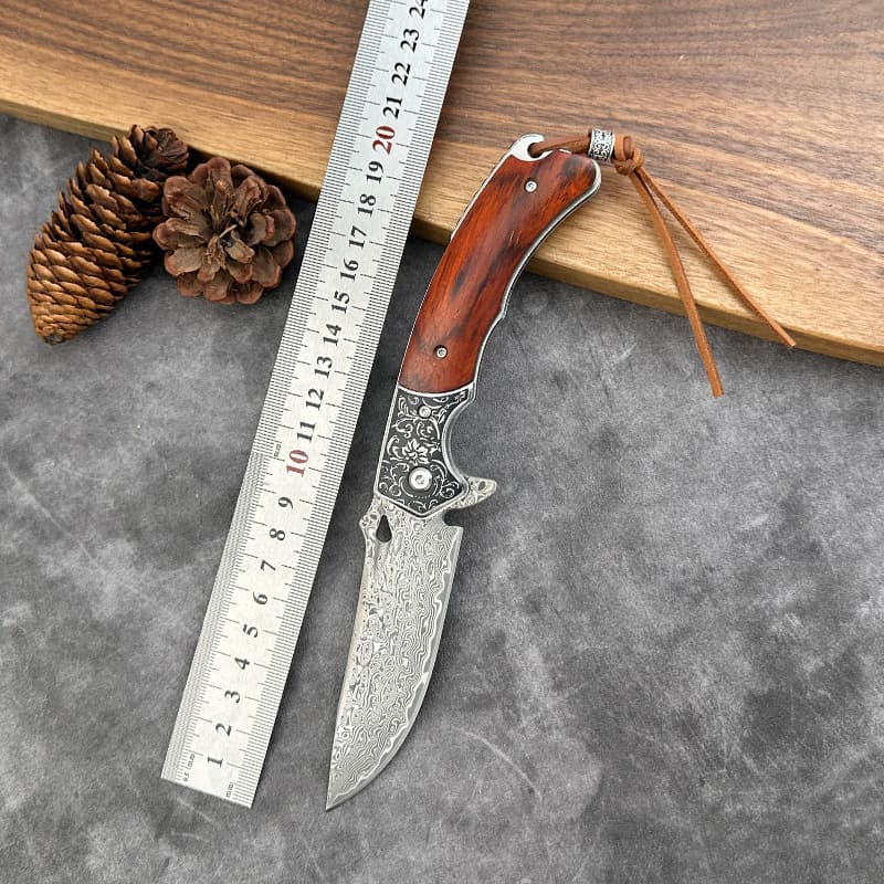 Damascus Steel Folding Knife Rosewood Outdoor Folding Knife Portable Self-defense Tactical Keychain Fruit Knife