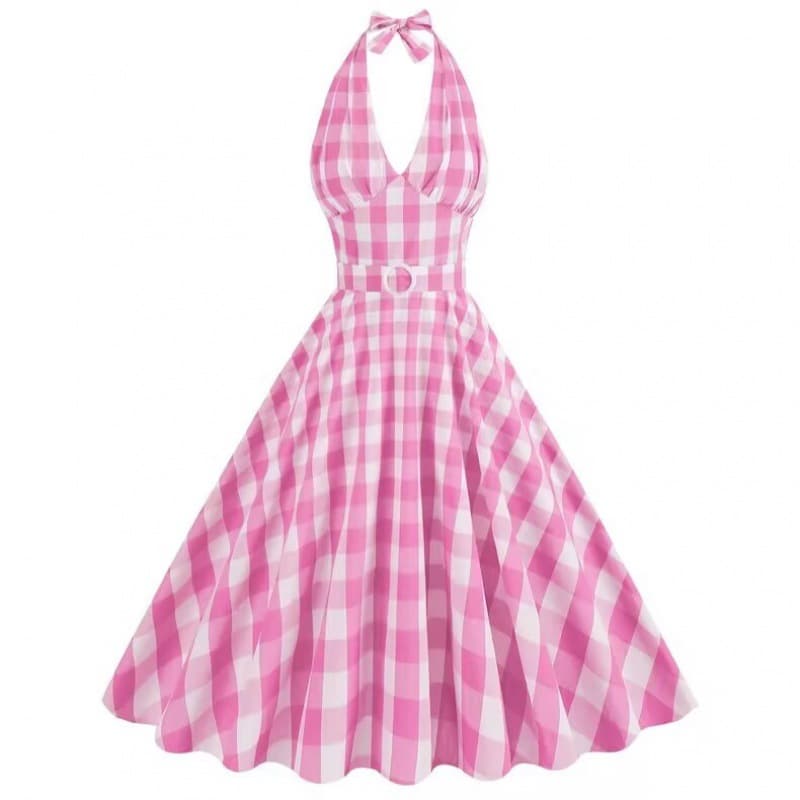 2023 Amazon cross-border bestseller hot-selling halter neck Barbie pink check print dress 9758.