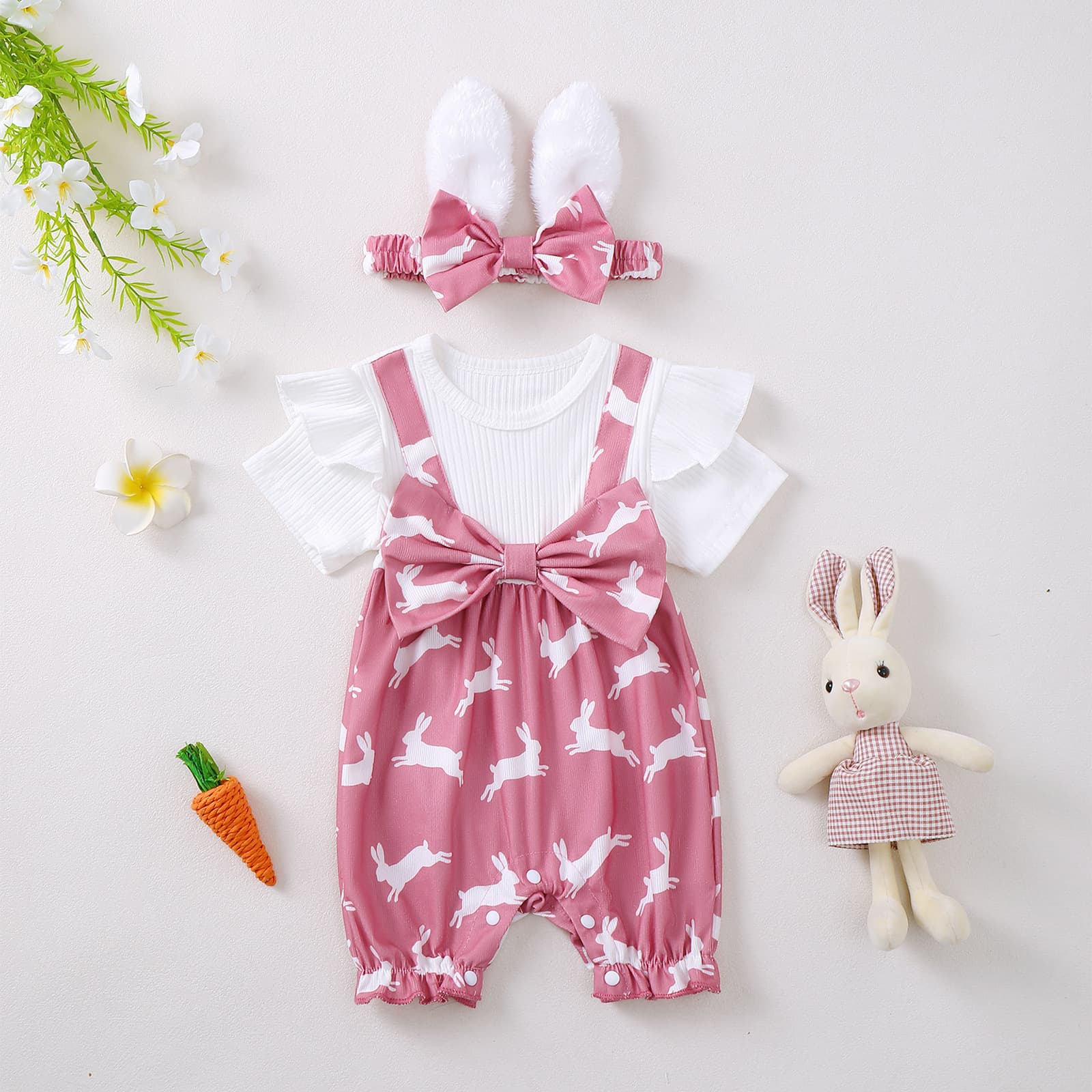 2026 New Style Baby Girl Summer Overalls with Cute Rabbit Print and Flying Sleeves, Long Baby Romper