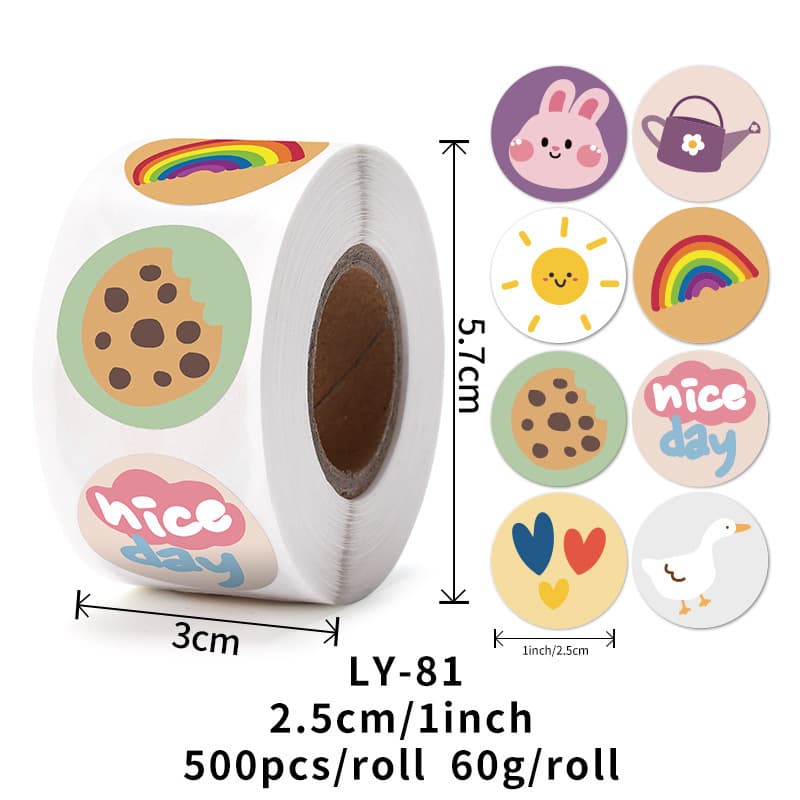 Cartoon Korean round seal sticker 500PCS/roll coated paper self-adhesive cute children sticker wholesale