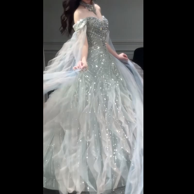 2026 New One-Shoulder Evening Dress High-End Luxury Wedding Toast Dress Heavy Workmanship Birthday Dress for Women