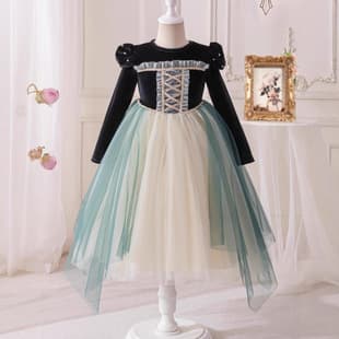 Frozen Anna Princess Dress for Girls, Autumn/Winter Long-Sleeve Velvet Gown, Forest Green Gradient Tulle Birthday Dress