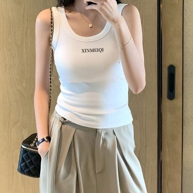 Korean-style ribbed fitted letter tank top, short, racerback, sleeveless, outerwear, women's base layer shirt