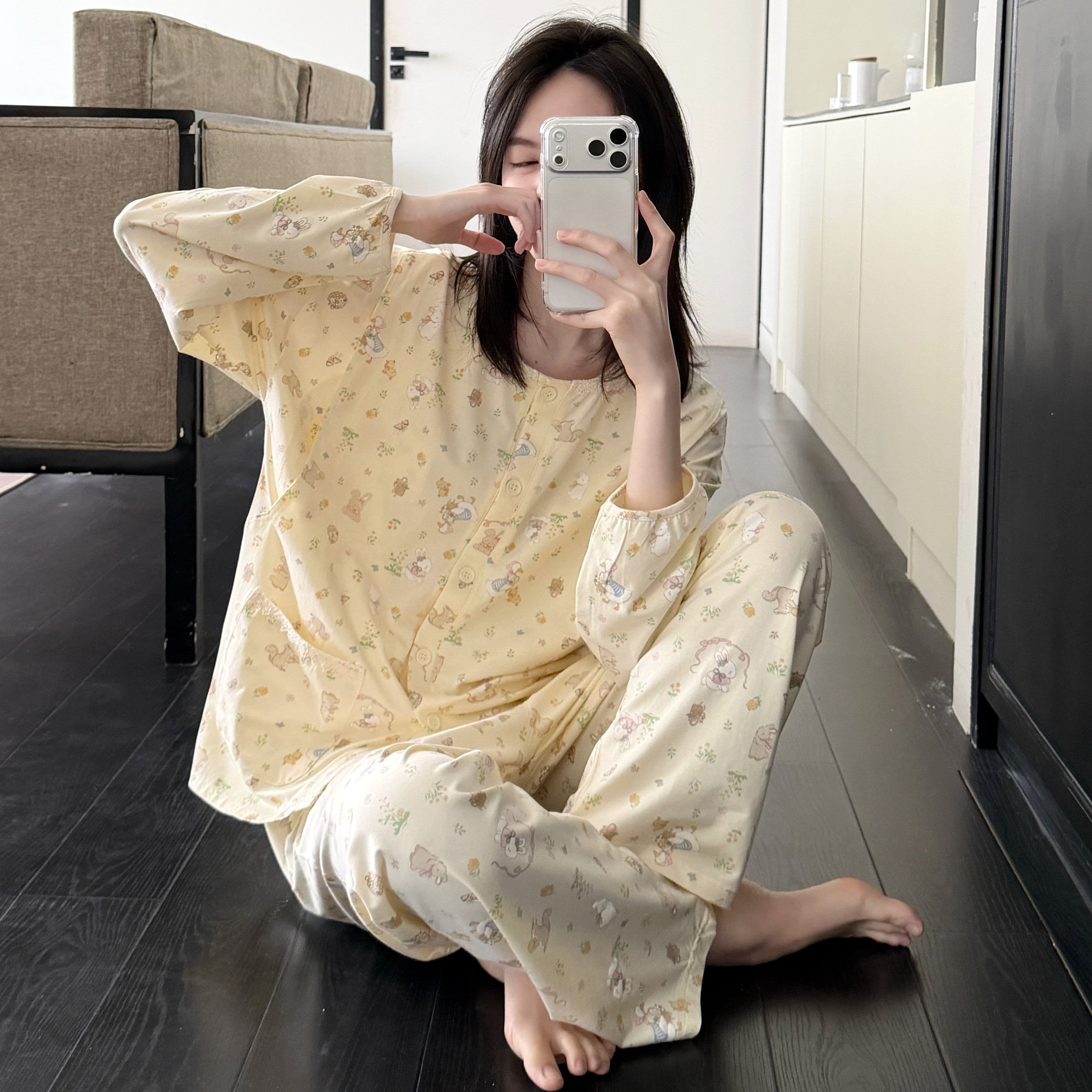 Spring and Summer Thin Cotton Maternity Pajamas, Postpartum Nursing Sleepwear, Home Loungewear Set