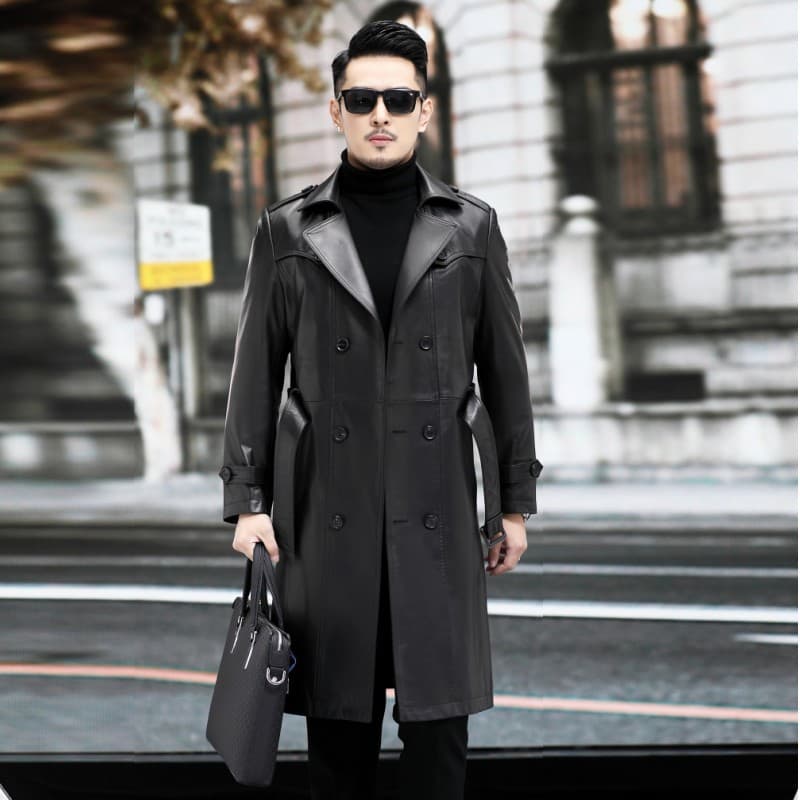 Autumn/Winter Haining Genuine Sheepskin Leather Trench Coat for Middle-Aged Men, Mid-Length Suit Collar Leather Overcoat