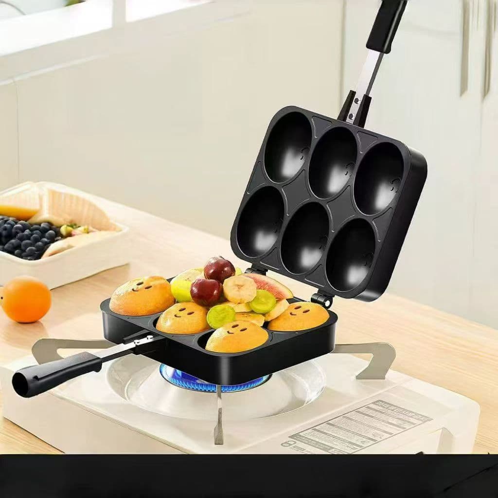 Smiley face egg waffle commercial cake mold gas baking plate egg waffle machine Hong Kong style egg waffle machine double-sided six-hole non-stick