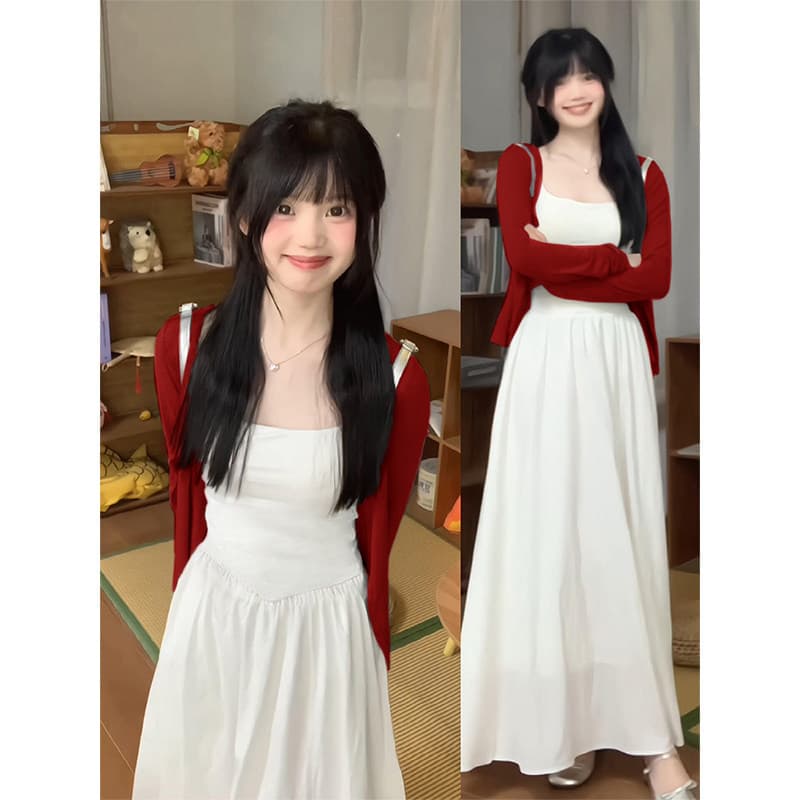 Red Sun-Protective Jacket for Women Paired with a Slip Dress and Cardigan Two-Piece Set, Shawl Outerwear, Summer Thin Short Top
