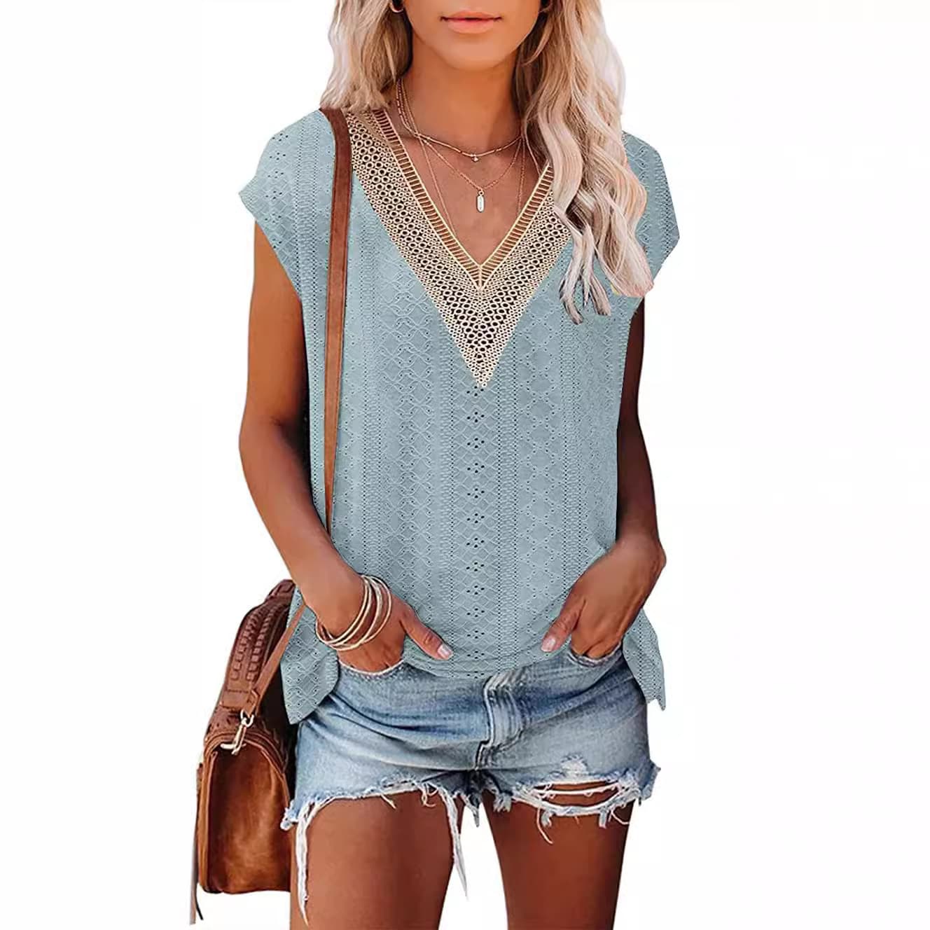 2023 Summer New Cross-Border European and American Women's Clothing Amazon Women's T-Shirt Hollow-Out Cutout V-Neck Lace Panel T-Shirt