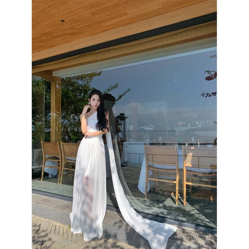 Ancient Greek Goddess One-Shoulder Ribbon Dress White Fairy Light Wedding Dress Photo Dress Vacation Beach Dress