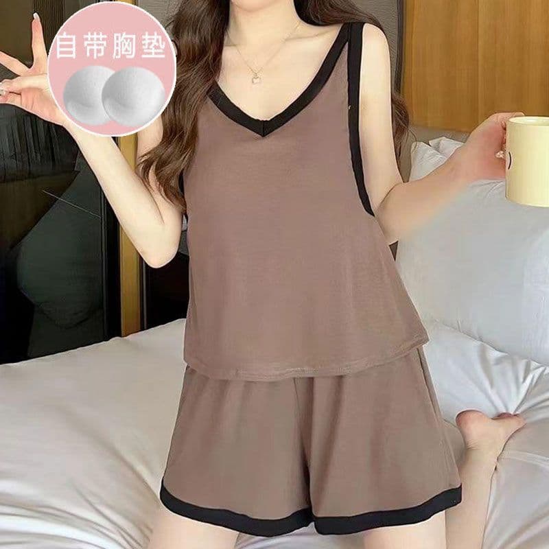 Women's Pajamas with Breast Pads, Summer All-in-One Vest Shorts, Thin Sleeveless Solid V-Neck Loungewear Suitable for Outings