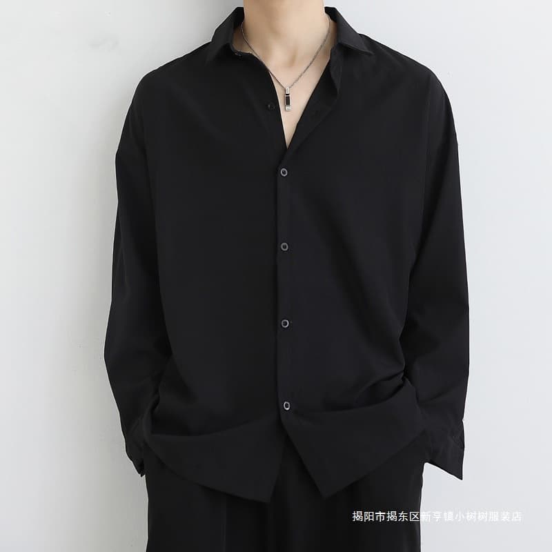 Loose Ice Silk Black Shirt Men Long Sleeve Autumn Trendy Cool Guy DK Jacket Casual Men's White Shirt