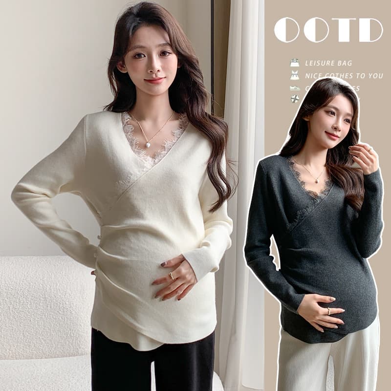 Maternity Top 2025 Autumn/Winter New Fashion Lace Cross Nursing Outer Wear Slim Fit Knit Base Layer