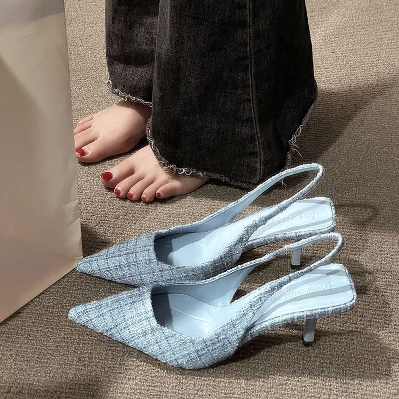 Sea Salt Blue French Style Closed-Toe Sandals for Women 2025 Spring Summer New Pointed Toe Stiletto Heel Open Back Single Shoes
