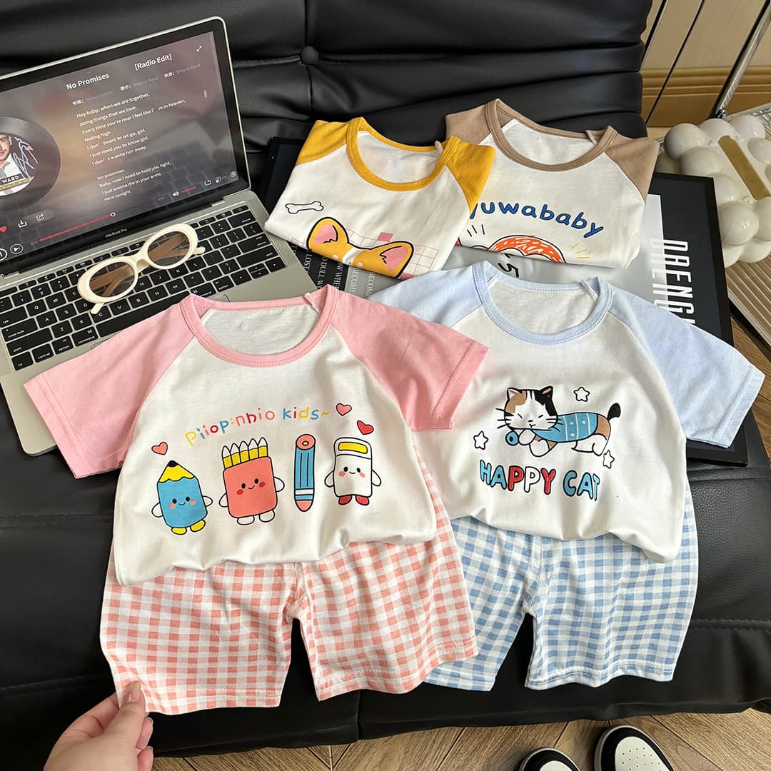Summer Kids Short Sleeve Set Boys Girls Pure Cotton Round Neck T-Shirt Shorts Two-Piece Baby Thin Breathable Children's Wear