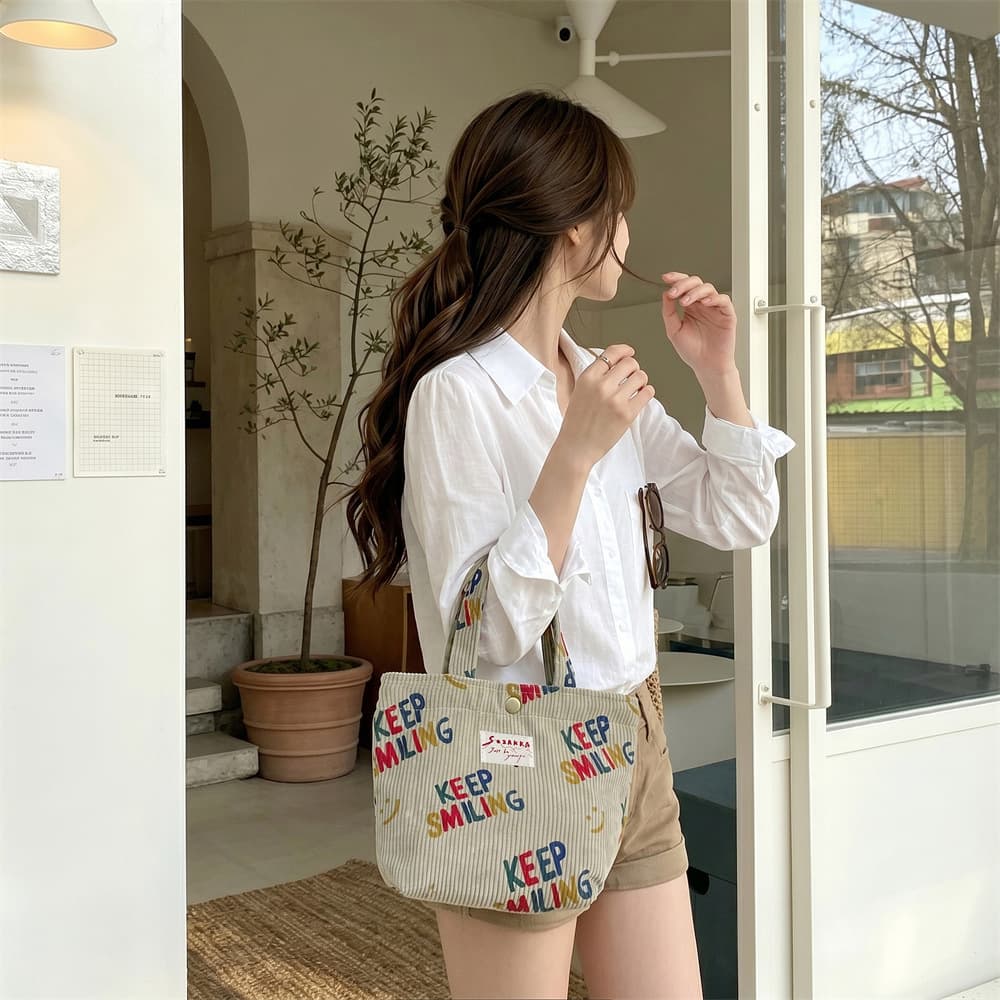3924 Corduroy Letter Print Casual Tote Bag Portable Lunch Bag Canvas Handbag