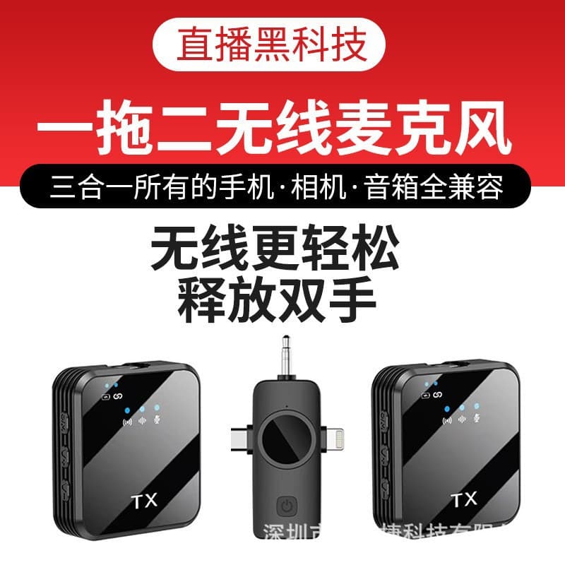 Wireless Lavalier Microphone One-to-Two for Phone Video Live Streaming Noise Reduction 3-in-1 Audio Receiver Wireless Mic