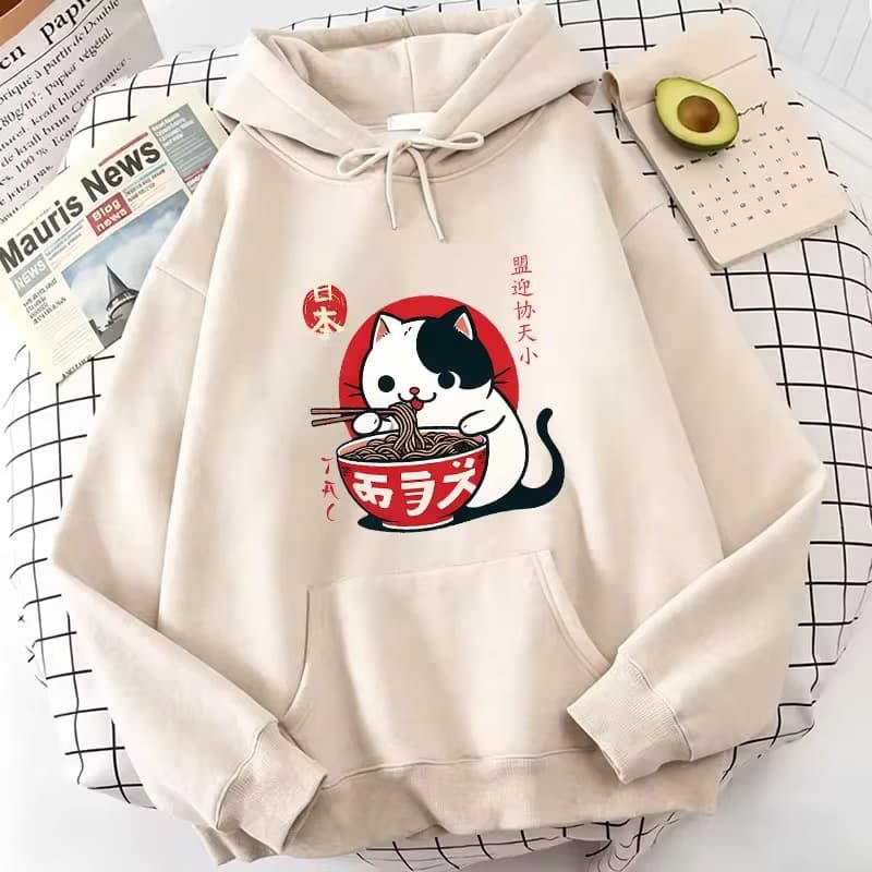 Japanese Style Cat Eating Ramen Hoodie Manga Cat Sweatshirt Cute Hoodie Casual Hoodie Spring Men's