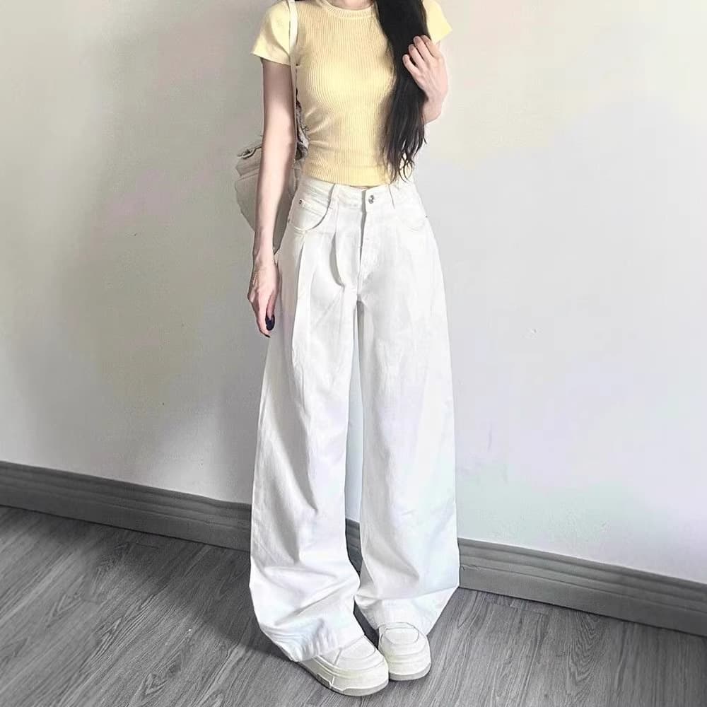 Nostalgic loose white wide-leg all-match jeans for women high-waisted pleated summer retro drape casual floor-length trousers