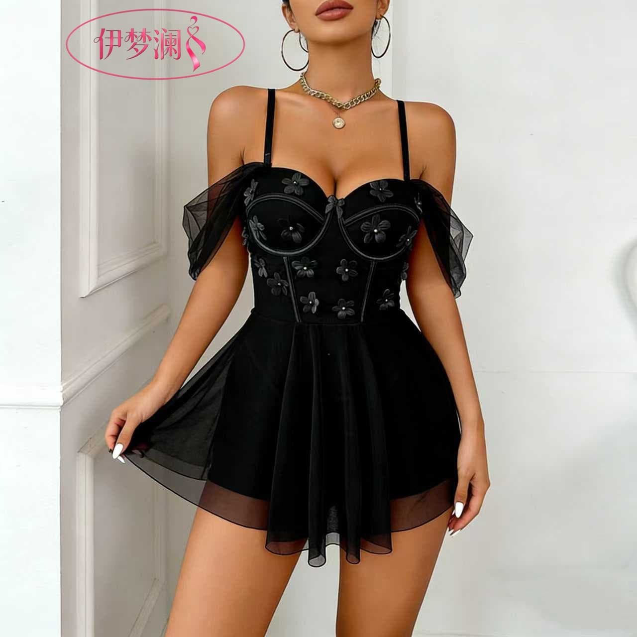 Yimenglan Cross-border Sexy Lingerie Mesh Skirt Lace Sleepwear Easy-off Party Strappy Mini Dress