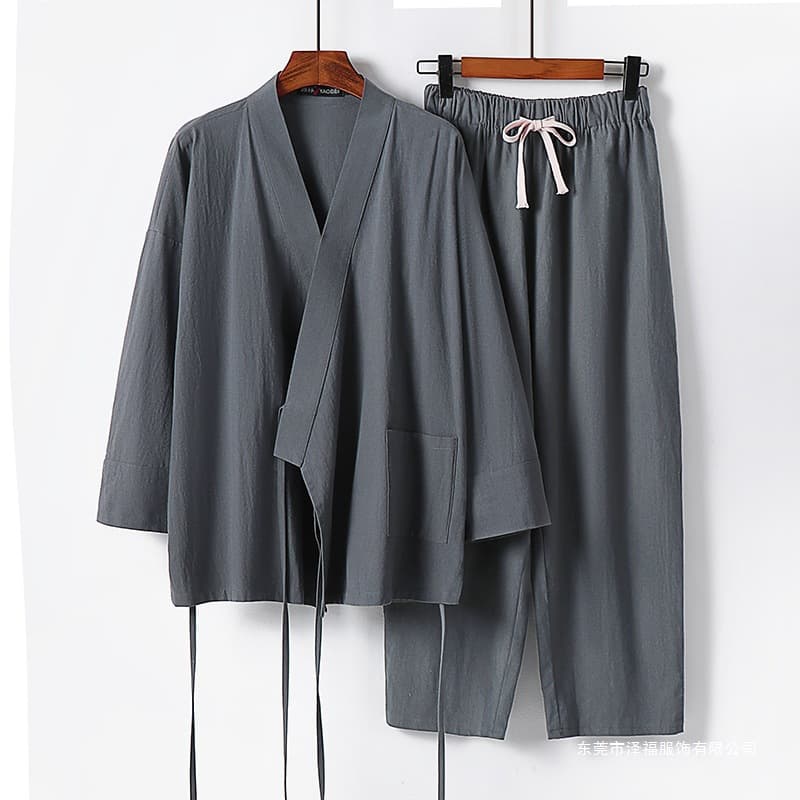Linen suit men's summer Chinese style large size three-quarter sleeve T-shirt loose cardigan Hanfu trendy cotton and linen two-piece set