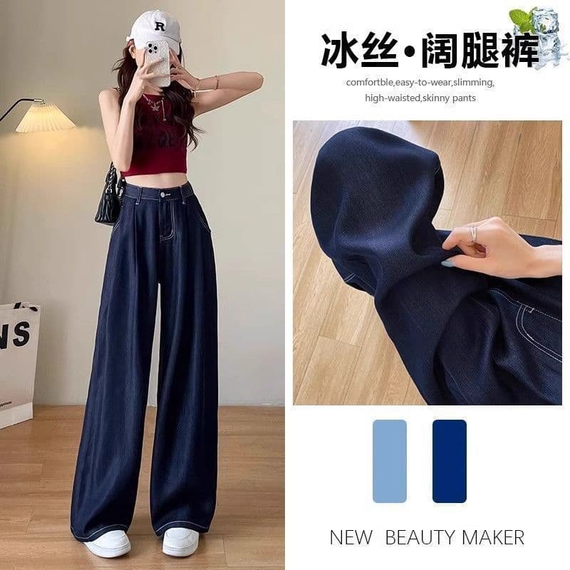 Dark blue Tencel wide leg jeans for women summer thin large size fat mm high waist covering crotch pear shaped figure ice silk pants