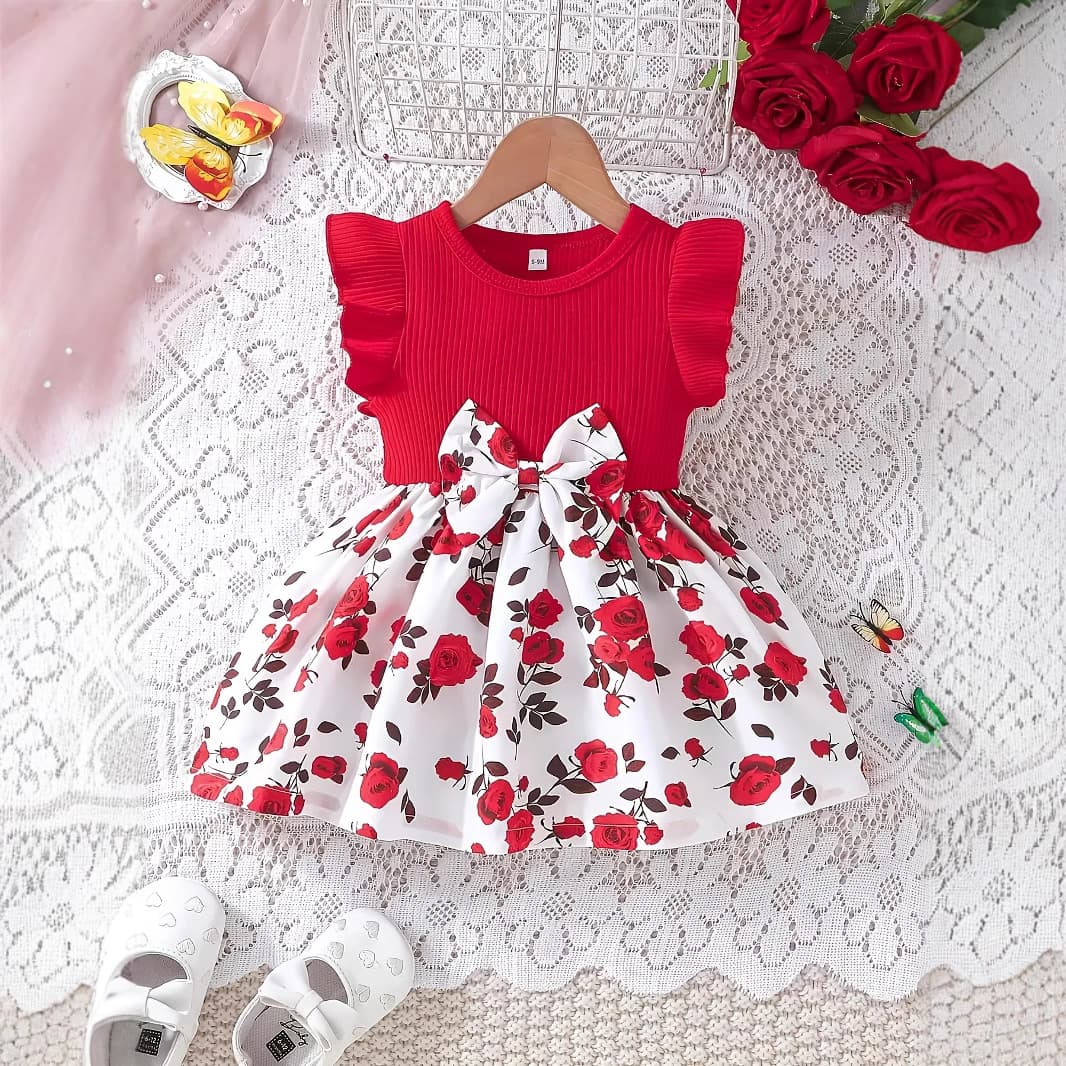 Cross-border INS Baby Girl Summer Dress with Butterfly Sleeves, Bowknot Patchwork, Rose Print, Trendy