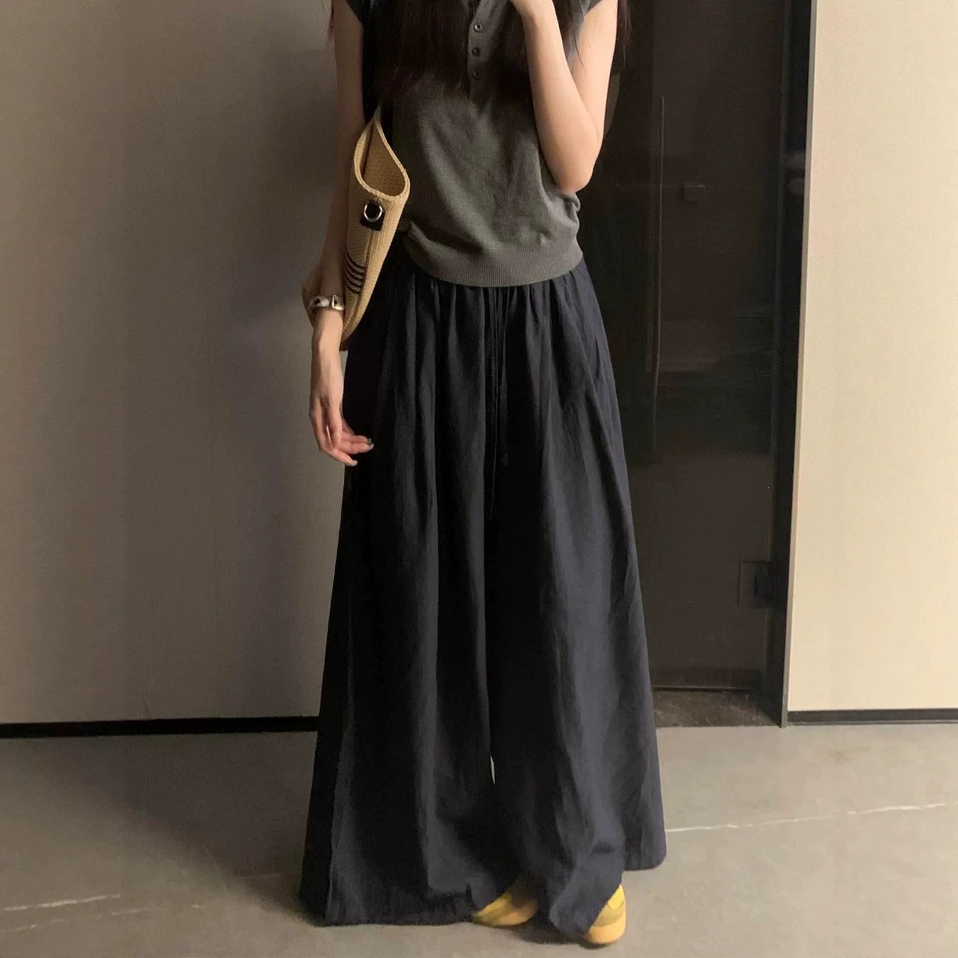 Black cotton and linen wide-leg culottes for women summer thin large size fat mm pear-shaped body high-waisted loose slimming casual pants