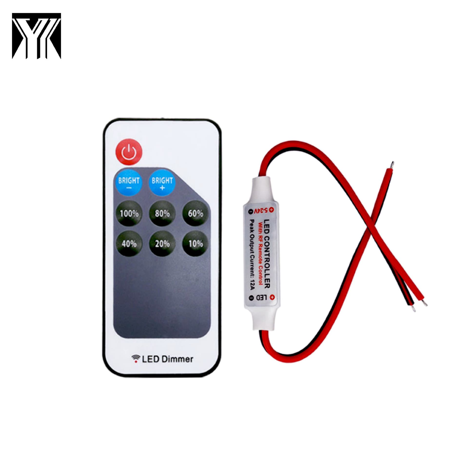 RF 9-Key Monochrome Dimming Controller 5V-24V LED Mini Controller with DC Plug and Red/Black Wires