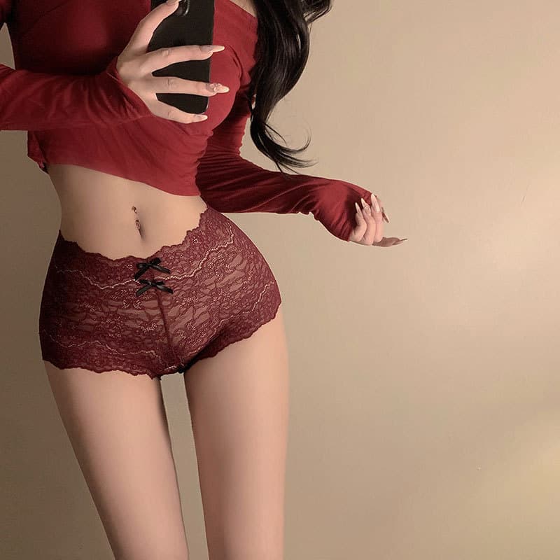 French Lace Women's Boy Shorts with Bowknot, Mid-High Waist, Pure Desire Hot Panties