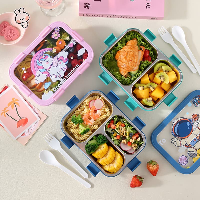 304 Stainless Steel Sealed Lunch Box for Kids with Cartoon Divider, Includes Utensils, Water-Fillable Insulated Bento Box