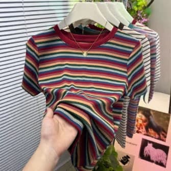 Cotton short-sleeved women's design niche style age-reducing striped shirt retro slimming versatile round neck top summer