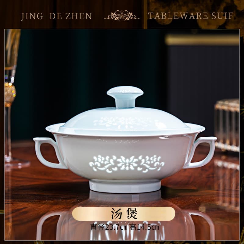 Jingdezhen Celadon Linglong Underglaze Porcelain Dinnerware Set, Home Rice Bowls, Plates, Soup Bowls, Chopsticks Set