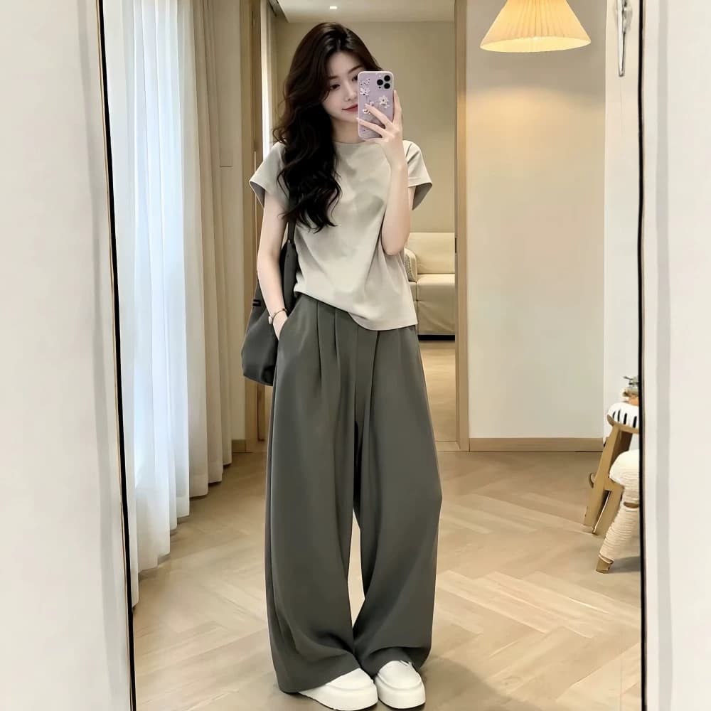 Stylish Outfit Set 2026 Summer New Slim Short Sleeve Top for Women Wide Leg Pants Elegant Two-Piece Set