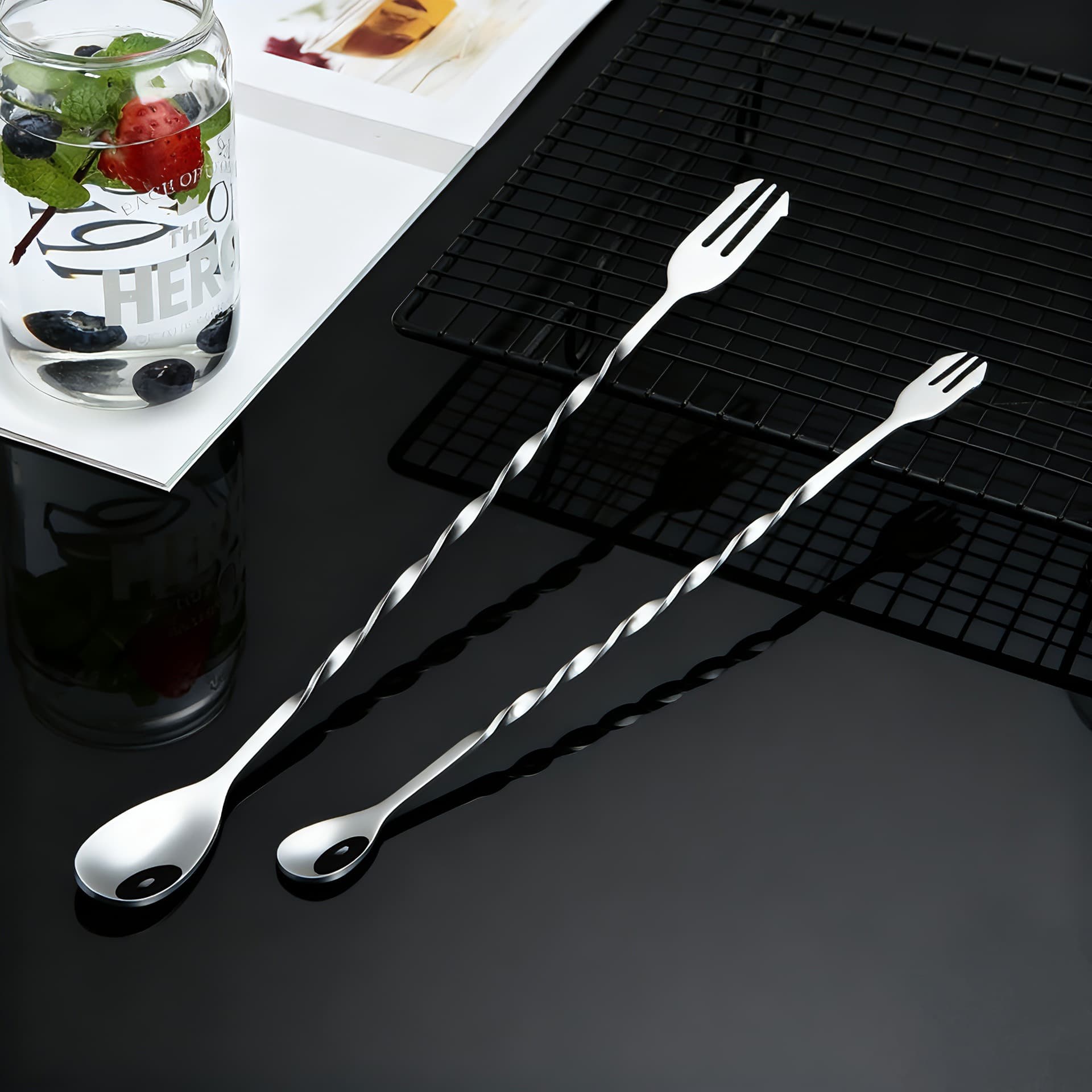Stainless Steel Long Handle Bar Spoon Dual-Head Multi-Purpose Milk Tea Cocktail Stirring Spoon Bar Mixing Spoon Spiral Ice Scoop Wholesale