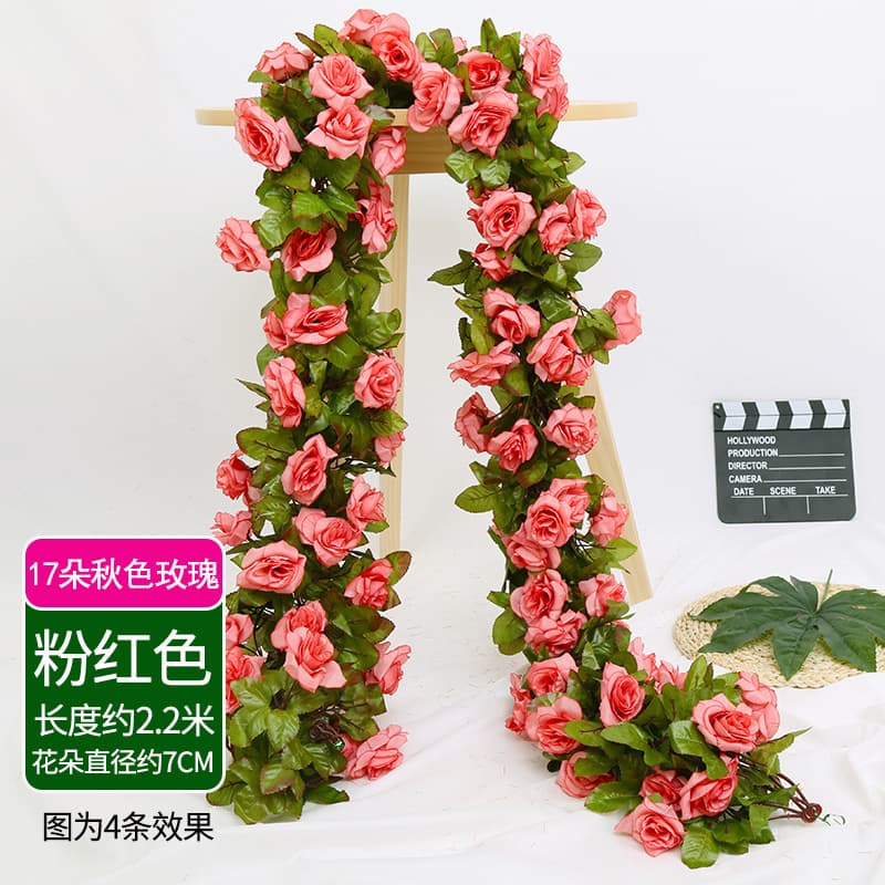 Artificial Rose Vine Fake Flower Rattan Wall Hanging Wrap for Air Conditioner Pipe Cover Decoration Living Room Ceiling Plastic Plant