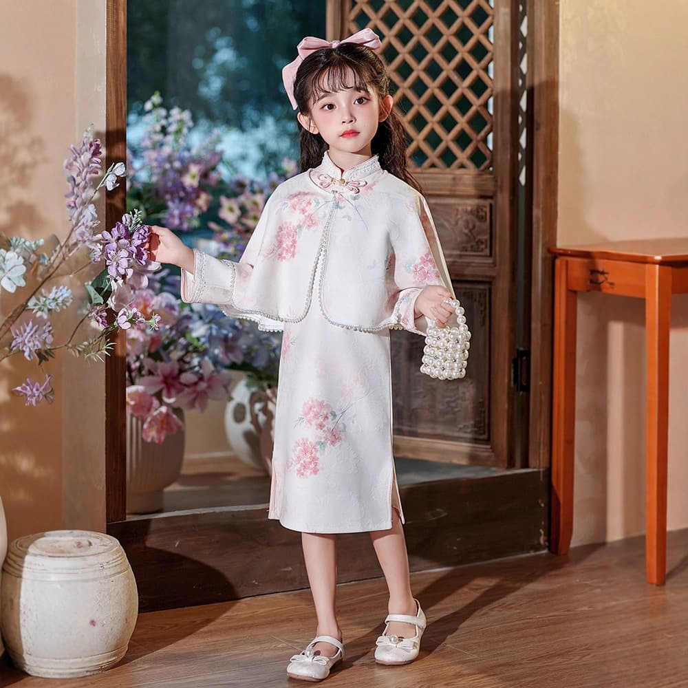 Girl's 2025 Autumn New Style Long Sleeve Modified Cheongsam Dress, Children's Chinese Vintage Princess Dress
