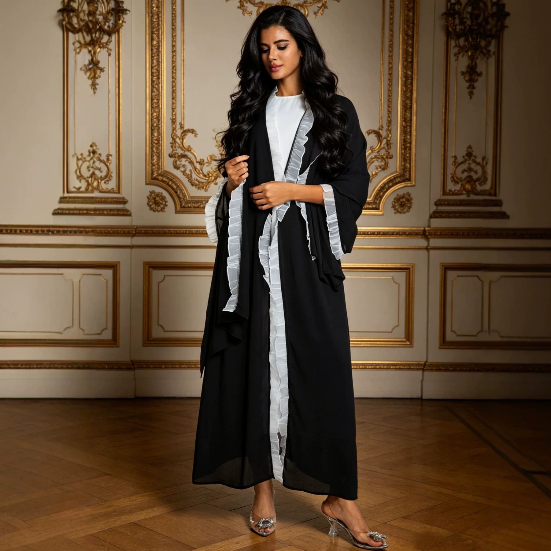 Nida Modest high-end fashion ruffled dress cardigan, jacket + headscarf two-piece set manufacturer