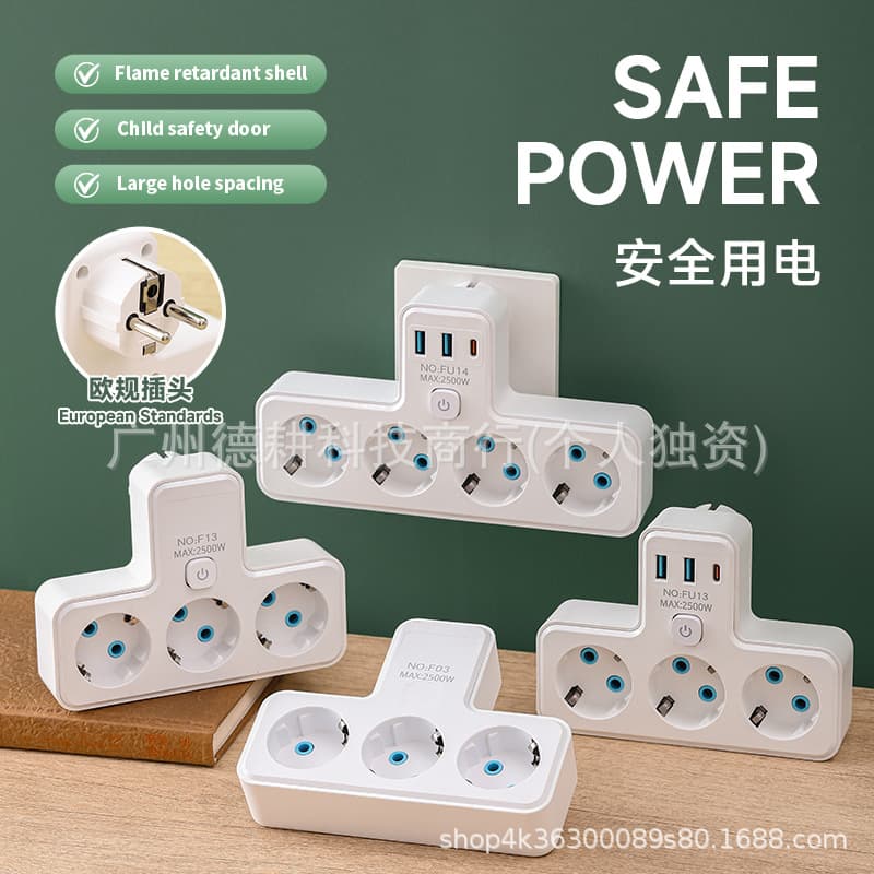 European standard power strip manufacturer, one-to-four USB socket, European multi-functional wall socket for Southeast Asia