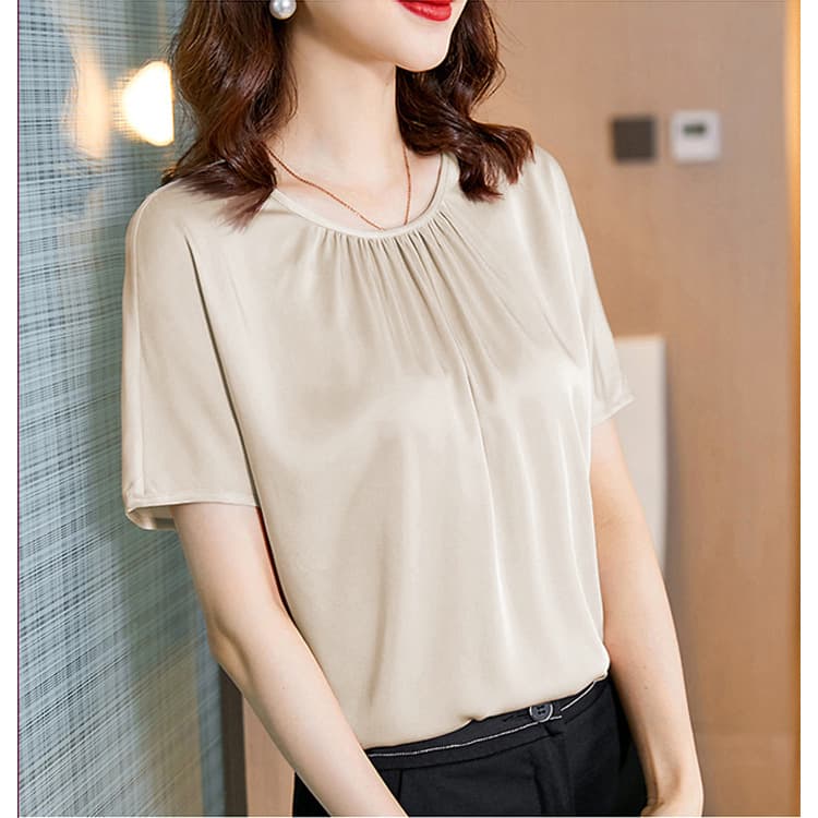 2026 Summer S535 Mulberry Silk Round Neck Short Sleeve T-Shirt 19 Momme Stretch Silk Satin Slimming Casual Top