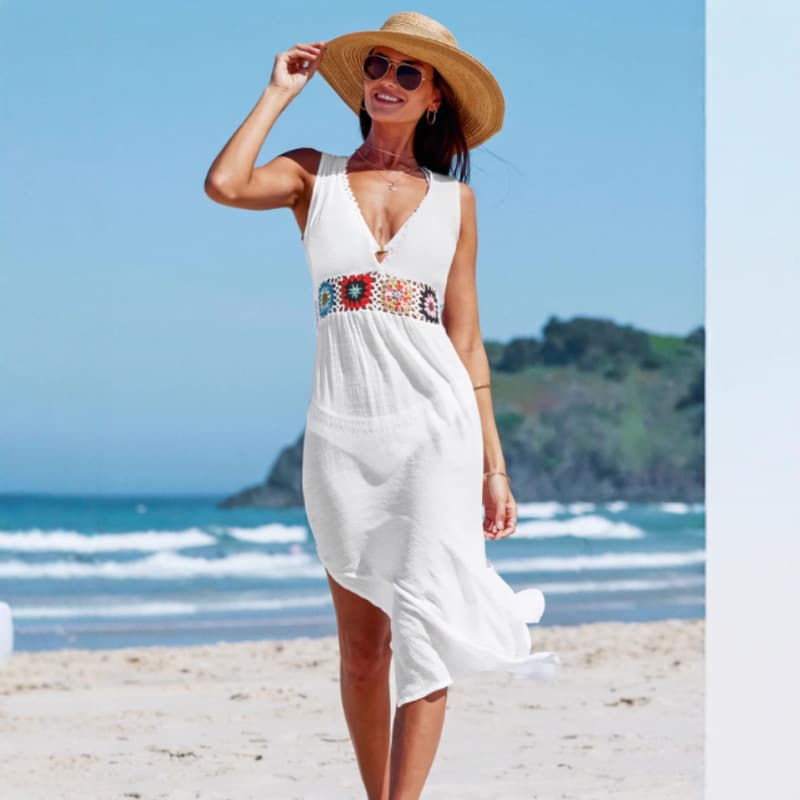2025 New European and American Women's Fashion Dress with Unique Crochet Patchwork V-Neck Short Sleeves