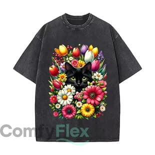 Cute Black Cat Floral Vintage Distressed Loose Streetwear To