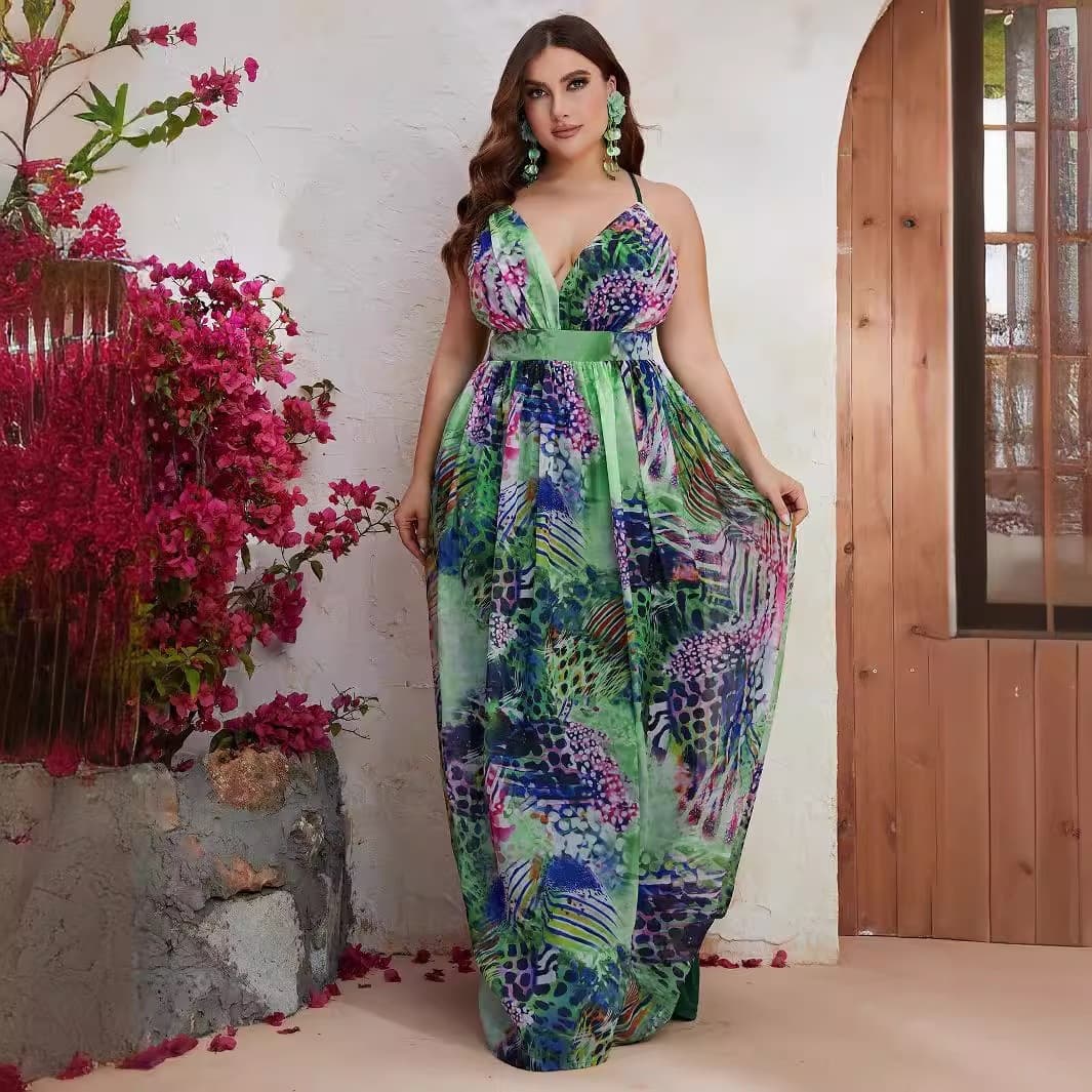 New Plus-Size Chiffon Sleeveless Long Dress with Straps, Summer Printed V-Neck Vacation Long Dress-Fssw3089