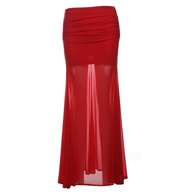 Fiery Rose Red Mesh Patchwork Sheer Midi Skirt for Women, Fashionable Slim Fit Versatile Long Skirt Trendy