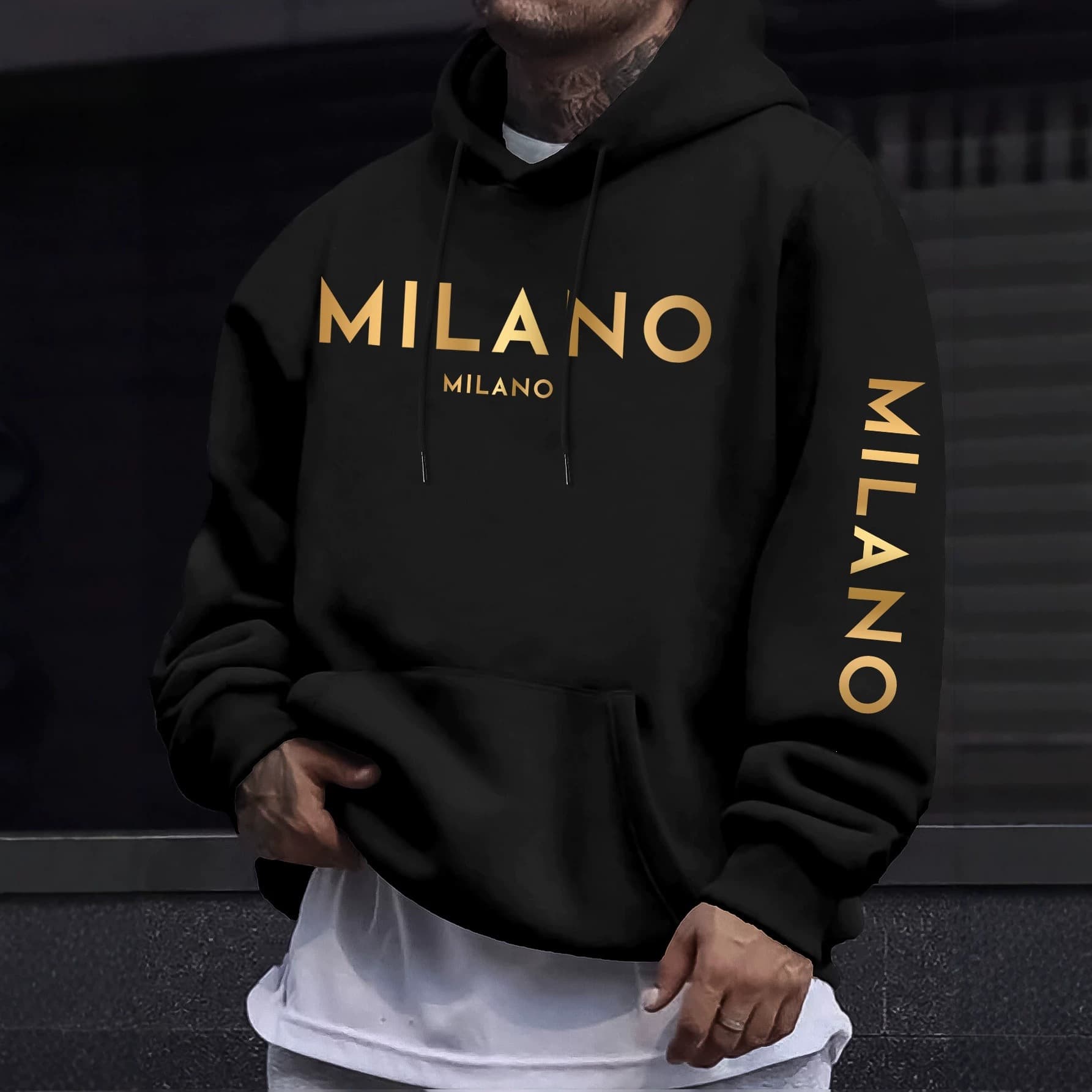 MILANO Minimalist Letter Chest Double Logo Text Western Light Luxury High Street Loose Men's Hoodie Sweatshirt