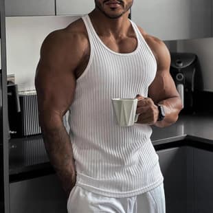 Best-selling Home Leisure Men's Vest for EU & US Markets, Vertical Stripe Solid Quick-Dry Stretch Fitness Workout Top