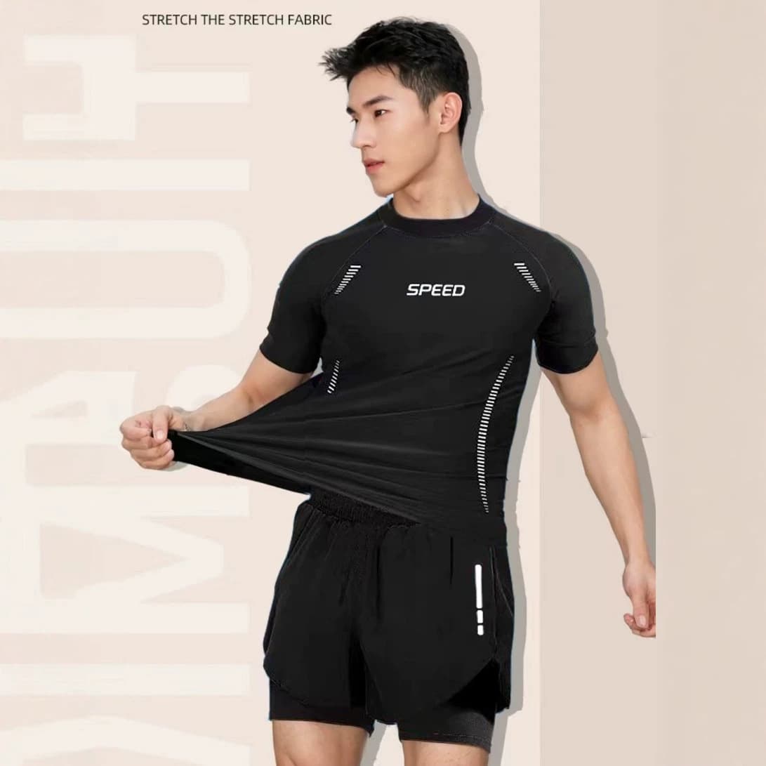Swimsuit Set for Men Double-Layer Swim Trunks Youth Swimwear Swimming Gear Men's Full Set Top and Shorts