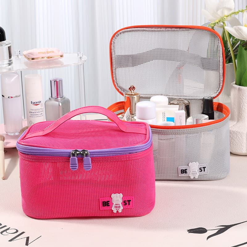 Runhui Holiday Open-Top Cosmetic Bag Travel Organizer Mesh Large Capacity Essential Mesh Compartments